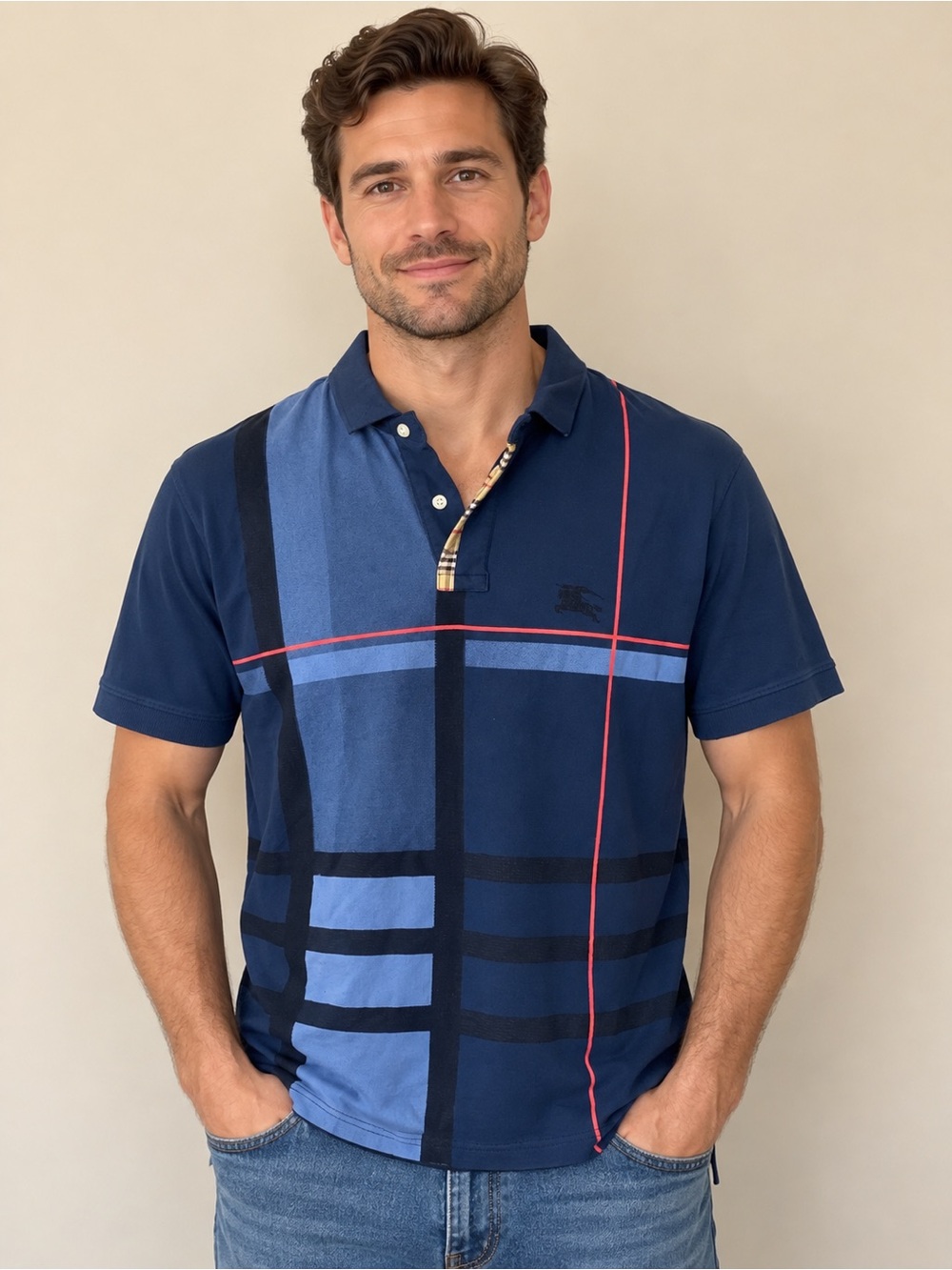 Burberry London England Men’s XL Nova Check Plaid Polo Shirt Navy Blue